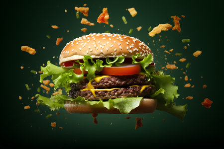 Cheeseburger with flying ingredients on green background. 3d renderingの素材