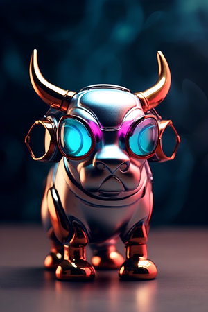 3d illustration of a metal toy bull with horns and glasses.の素材