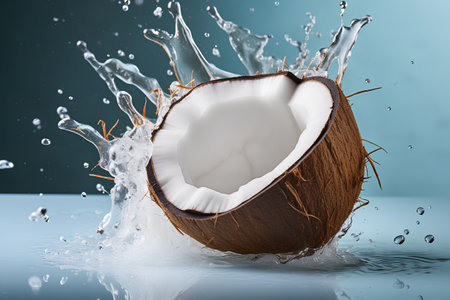 Coconut with water splash on blue background. 3d renderingの素材