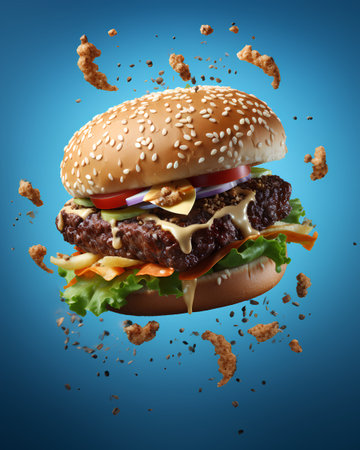 Hamburger with flying ingredients on blue background. 3d renderingの素材
