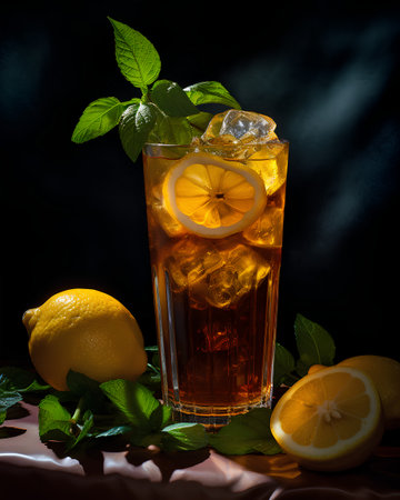 Iced tea with lemon and mint in a glass on a black backgroundの素材