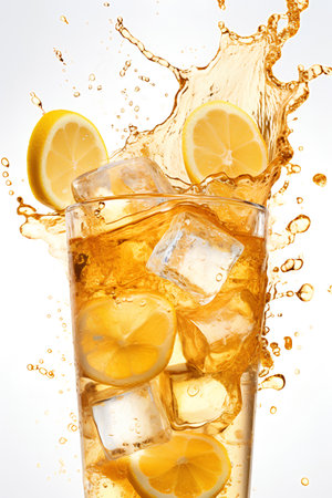 Glass of cola with ice cubes and lemon slices, isolated on white backgroundの素材