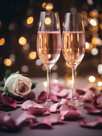 Two glasses of champagne with rose petals on bokeh backgroundの素材