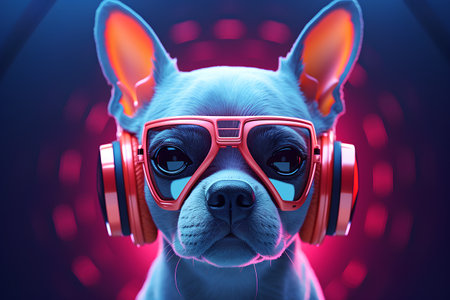 French bulldog dog with headphones listening to music, 3d renderingの素材