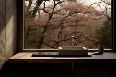 Wooden shelf in the interior of a modern room with a large window overlooking the autumn forestの素材