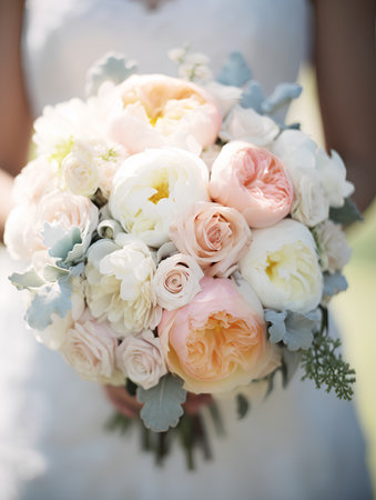 Wedding bouquet in hands of the bride. Wedding flowersの素材