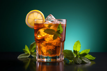 Glass of iced tea with lemon and mint on a dark backgroundの素材