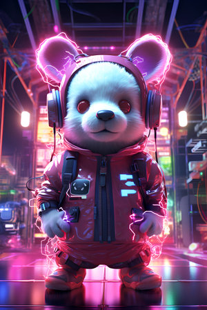 Cute panda with headphones and neon lights. 3D rendering.の素材
