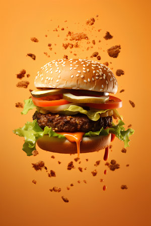 Hamburger with flying ingredients isolated on orange background. 3d renderingの素材