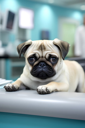 Pug dog lying on a table in a veterinary clinic looking at the cameraの素材