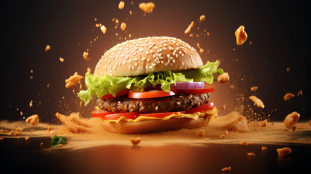 Hamburger with flying ingredients on dark background, 3d renderingの素材