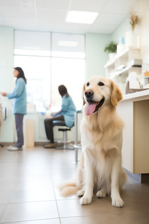 Golden Retriever sitting in a veterinary clinic, waiting for a doctorの素材