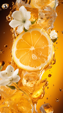 Lemon slice falling into water with splash, isolated on orange backgroundの素材