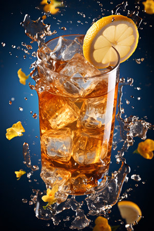 Cuba libre cocktail with ice cubes and lemon on blue backgroundの素材