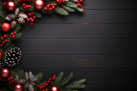 Christmas background with fir tree branches and red baubles on black wooden boardの素材