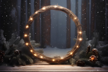 Christmas wreath on wooden planks in snowy forest. 3D renderingの素材