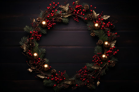 Christmas wreath on dark wooden background with copy space. Top view.の素材