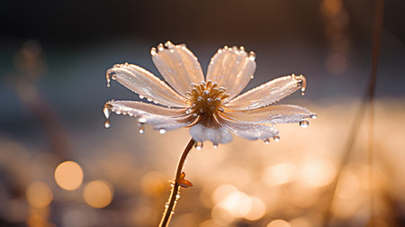 Beautiful white flower with dew drops on the background of sunset.の素材