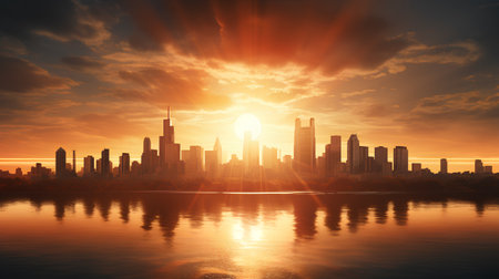 Beautiful sunset over the city with reflection in the water. 3d renderingの素材
