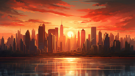 Sunset over the modern city. Vector illustration. Eps 10.の素材