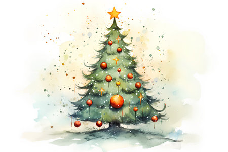 Watercolor Christmas tree. Hand drawn illustration isolated on white background.の素材