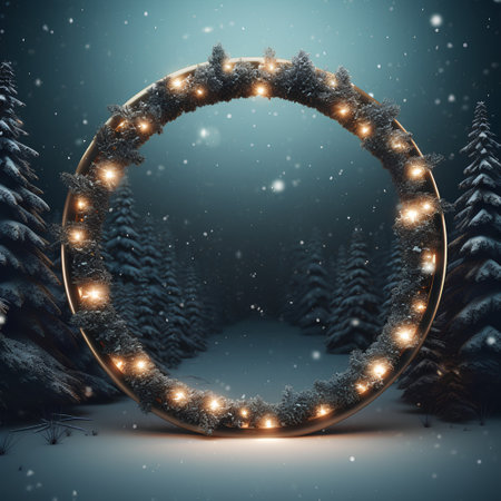 Christmas background with a round golden frame in the forest. 3d renderingの素材