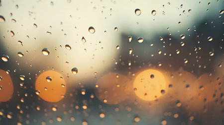 Rain drops on window glass with blurred city background. Shallow DOFの素材