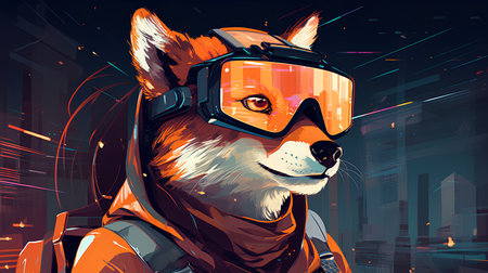Vector illustration of a dog dressed as a pilot on the background of the city.の素材