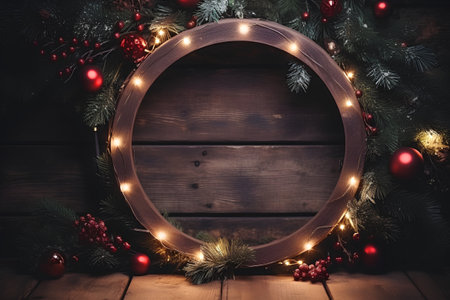 Christmas tree branches with garland lights on wooden background, copy spaceの素材