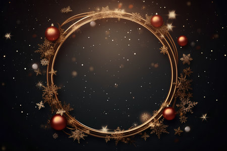 Christmas background with golden frame, balls and snowflakes. Vector illustration.の素材