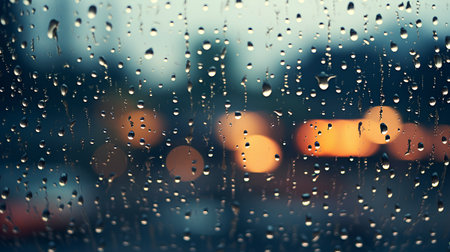Raindrops on the window with city lights in the background. Shallow DOFの素材