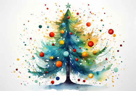 Watercolor Christmas tree with colorful balls and snowflakes on white backgroundの素材