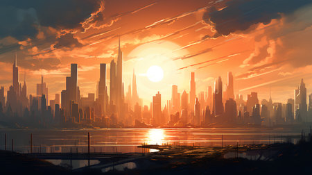 Sunset over the city. 3D illustration. Elements of this image furnished by NASAの素材