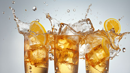 Glass of cola with ice cubes, lemon slices and splash on gray backgroundの素材