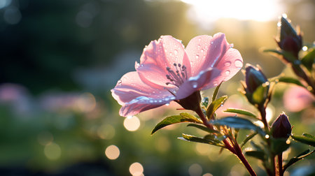 Beautiful pink flower with dew drops in the morning light.の素材