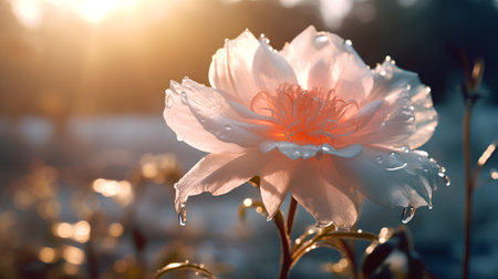Beautiful white flower with raindrops on the background of the sunの素材