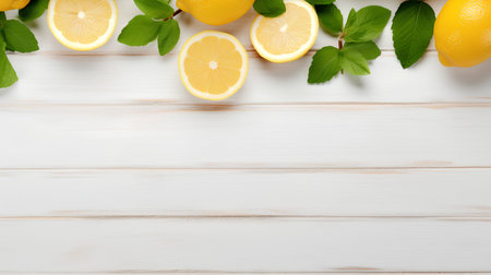Fresh lemons and mint leaves on white wooden background. Top view with copy spaceの素材
