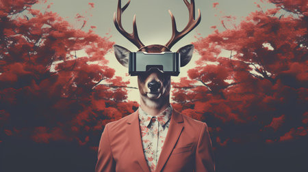 3d illustration of a man wearing virtual reality goggles and a deer headの素材