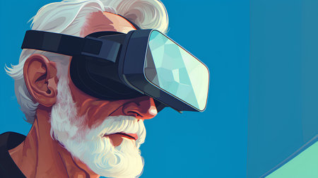 Old man wearing virtual reality goggles. Vector illustration in retro style.の素材