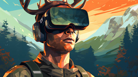 Man in virtual reality helmet and goggles in the mountains. Vector illustrationの素材