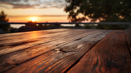 Wooden table top on a background of a beautiful sunset. Selective focus.の素材