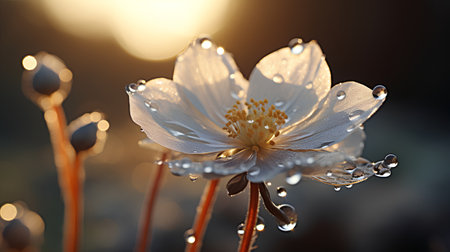 White anemone flower with dew drops on blurred background.の素材