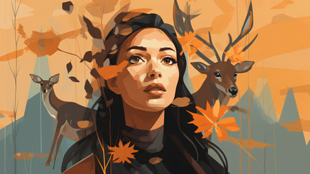 Portrait of a beautiful woman in autumn forest. Vector illustration.の素材