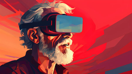 Old man with virtual reality glasses. Vector illustration in retro style.の素材