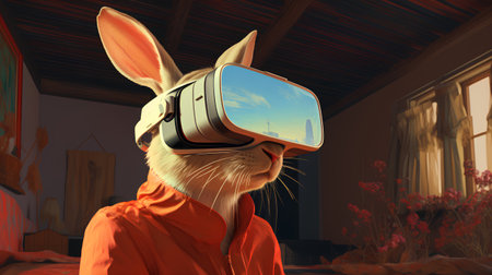 rabbit wearing a virtual reality headset. 3d render illustration.の素材