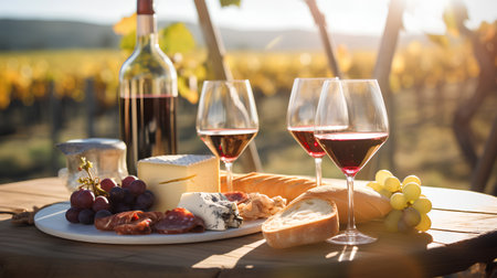 Wine and cheese on the table in vineyard at sunset.の素材