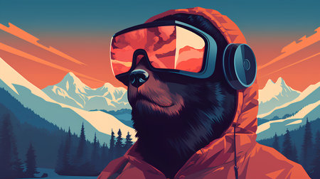 Vector illustration of a dog in a ski suit and helmet on the background of mountains.の素材