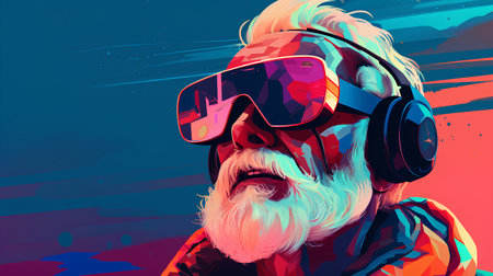 Hipster man listening to music with headphones. Vector illustration.の素材
