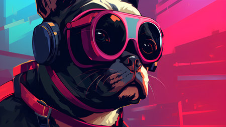 Vector illustration of a French Bulldog in a sunglasses and headphones.の素材