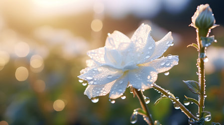 Beautiful white flowers with dew drops on the background of the setting sun.の素材